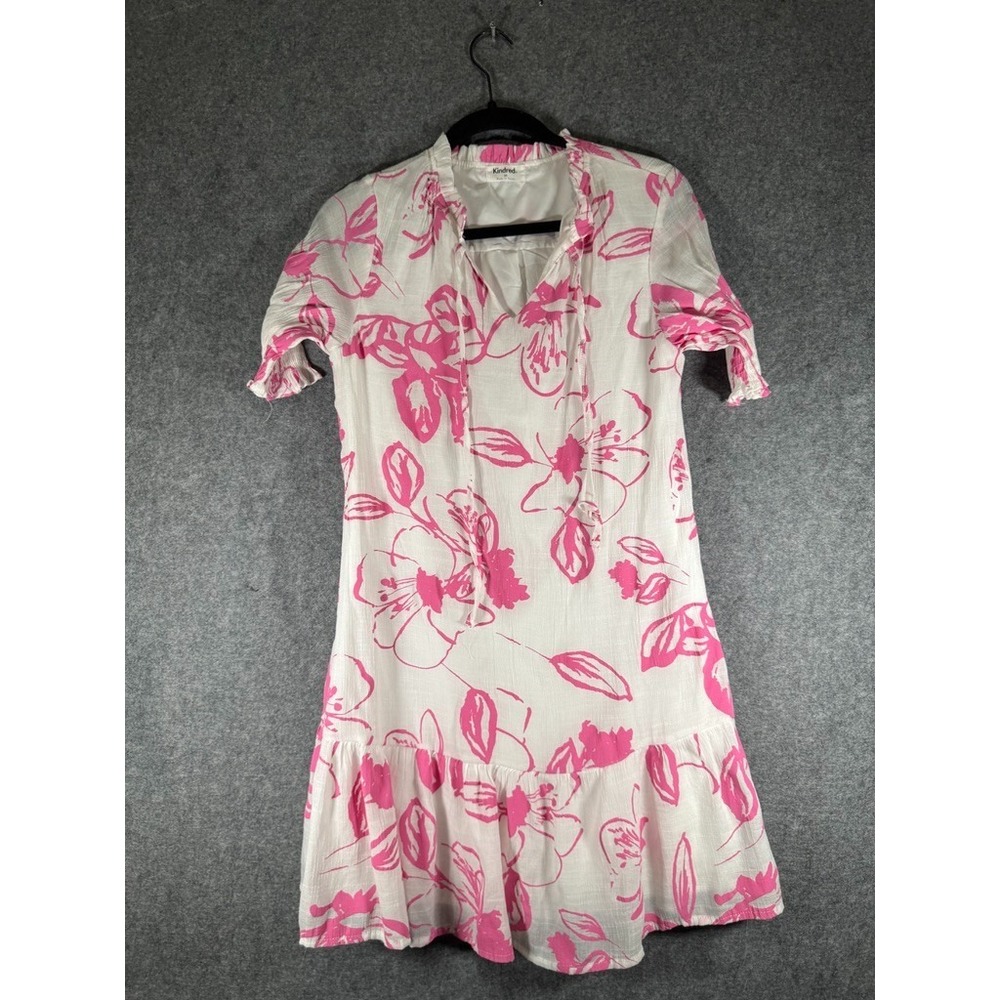 Kindred Womens Medium Pink Floral Ruffle Tiered Boho Mini Dress V-Neck Tie - Picture 2 of 8